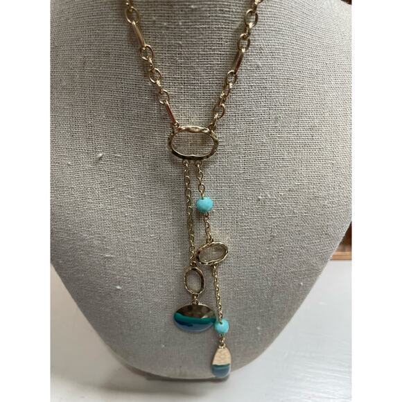 NWT Gold Long Chain Necklace, Turquoise & Teal Accents & Beads & Hammered Gold - Picture 1 of 7